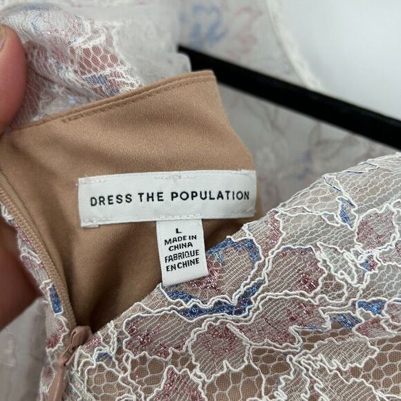 DRESS THE POPULATION Kay Dress White Tan Floral Lace Metallic Midi Dress Large - Picture 11 of 12